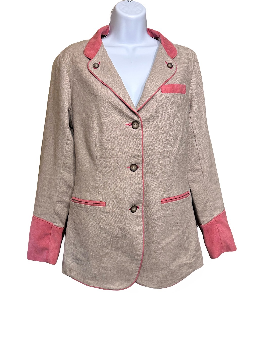 King Ranch Linen Blend Pink Contrast Trim Leopard Lined Blazer Small - Picture 2 of 4